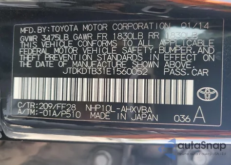 2014 Toyota Prius C Two из США, поврежденный, VIN JTDKDTB31E1560052